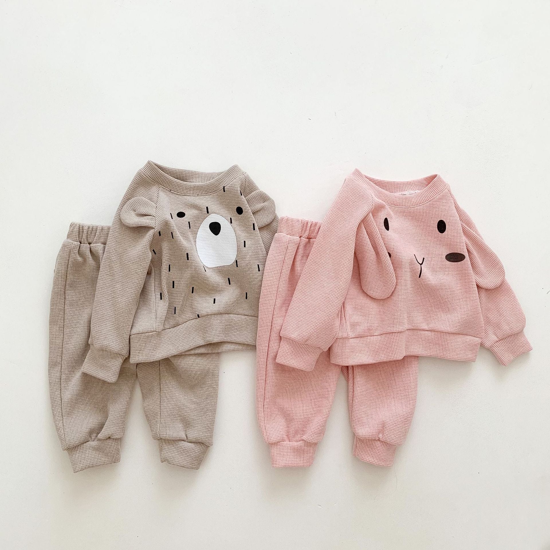 New Sets Baby Boy Girl Cute Cartoon Bear Rabbit Casual Waffle Sportswear 2-Piece Sets