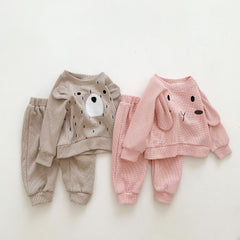 New Sets Baby Boy Girl Cute Cartoon Bear Rabbit Casual Waffle Sportswear 2-Piece Sets