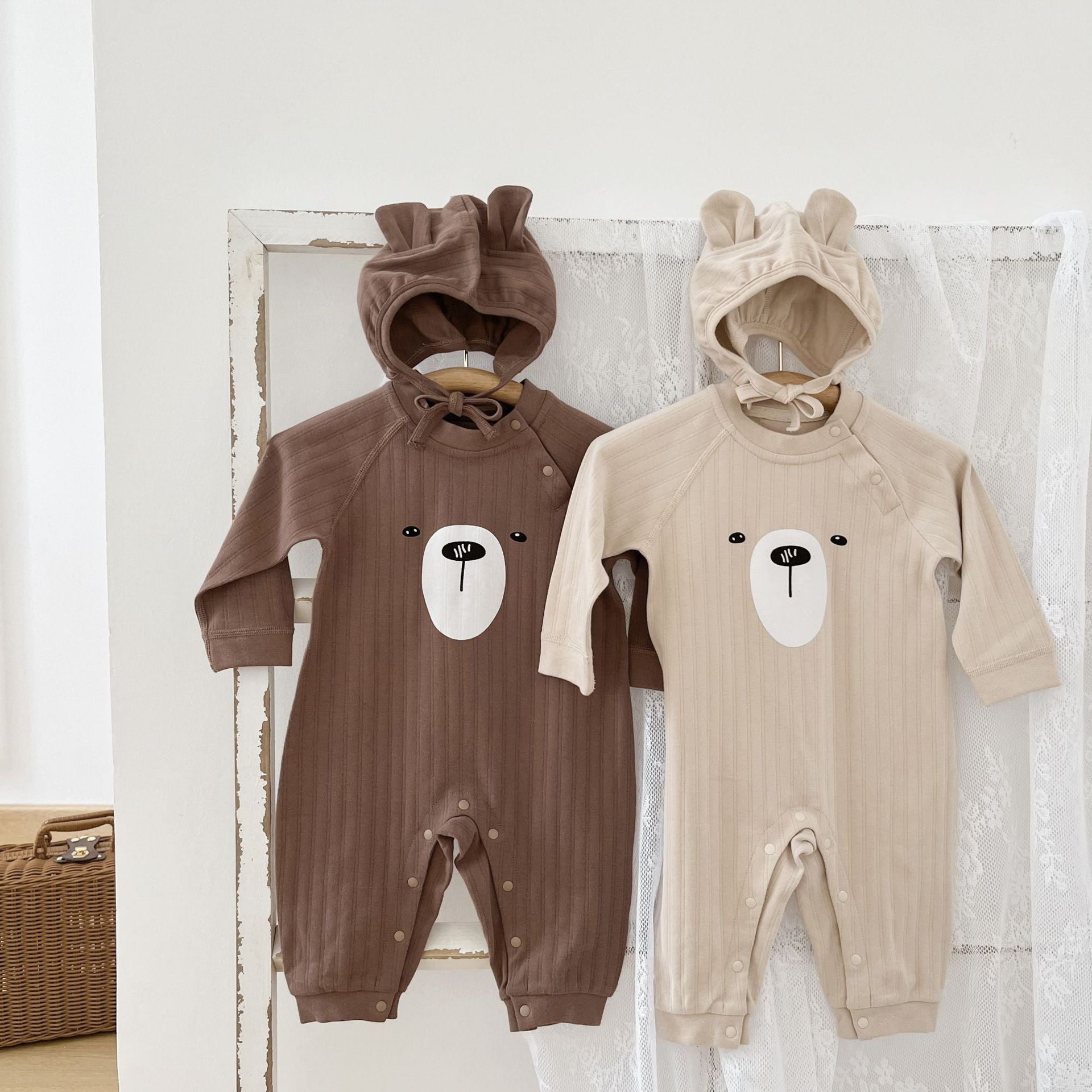 Ensemble 2 pièces pour bébé, barboteuse à manches longues et chapeau, ours mignon, printemps-automne