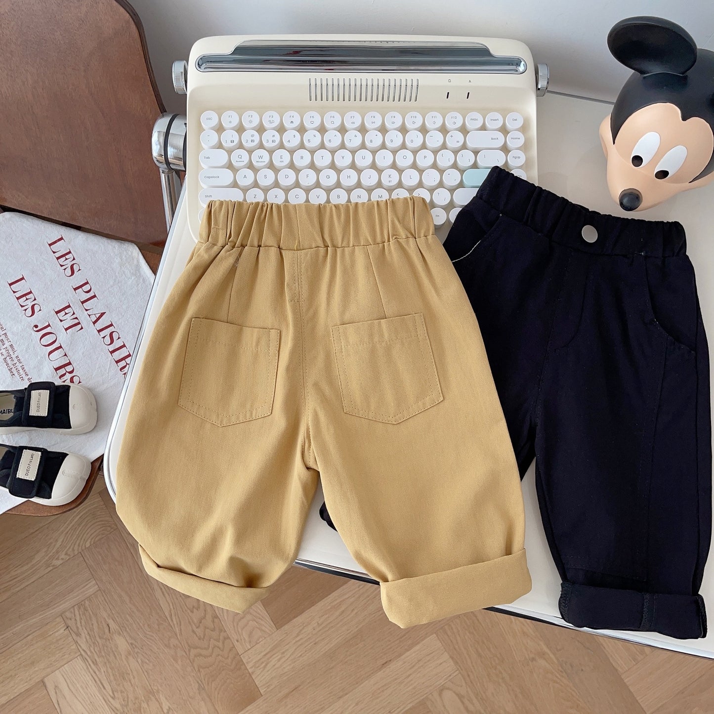 Boys and Toddlers' Uniform Straight-Fit Flat-Front Chino Black Khaki Pants Elastic Waist Lounge Pants