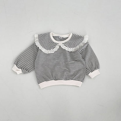 Girls Sweet Lace Lapel Striped Sweater Top Autumn Long Sleeve Top