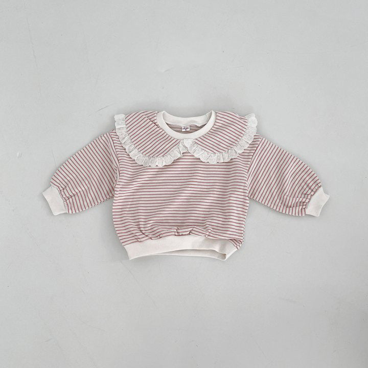 Girls Sweet Lace Lapel Striped Sweater Top Autumn Long Sleeve Top
