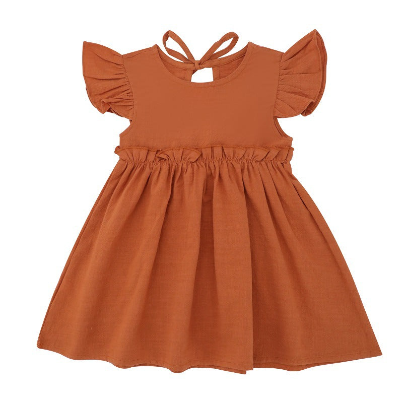 Ruffle Fly Sleeve Cotton Linen  Kids Dress Daily Wear Girls Dresses