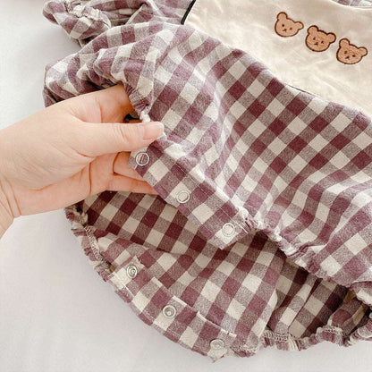 3 little bears embroidered plaid baby romper