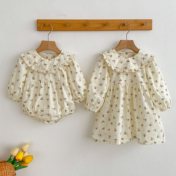 Sister Clothing Infant Floral Puff Sleeve Romper Girls Lace Collar Princess Dress