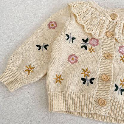 Spring and Autumn Girls' Versatile Flower Embroidered Lotus Leaf Collar Knitted Cardigan Jacket