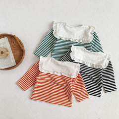 Baby Ruffled Striped Cardigan Top Baby Girl All-Match Bottoming Top