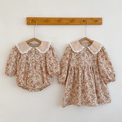 Sister Matching Clothes Baby Girl Floral Romper Girls Doll Collar Princess Dress