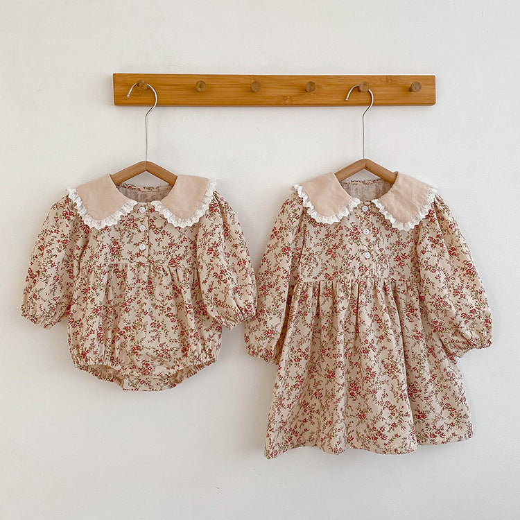 Baby Floral Romper Girls Lace Doll Collar Girls Dress Sister Match Clothes