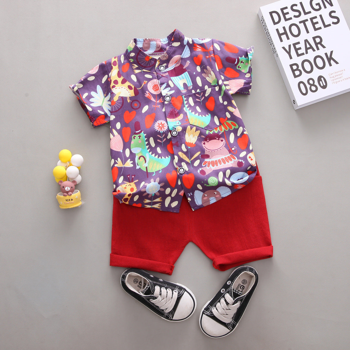 Printed Giraffe Cartoon Shirt Short Sleeve Shorts Boys 2-Piece Set