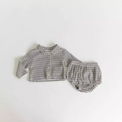 Baby Striped Waffle Lapel Cardigan Top Bummies 2 PC Sets LS001