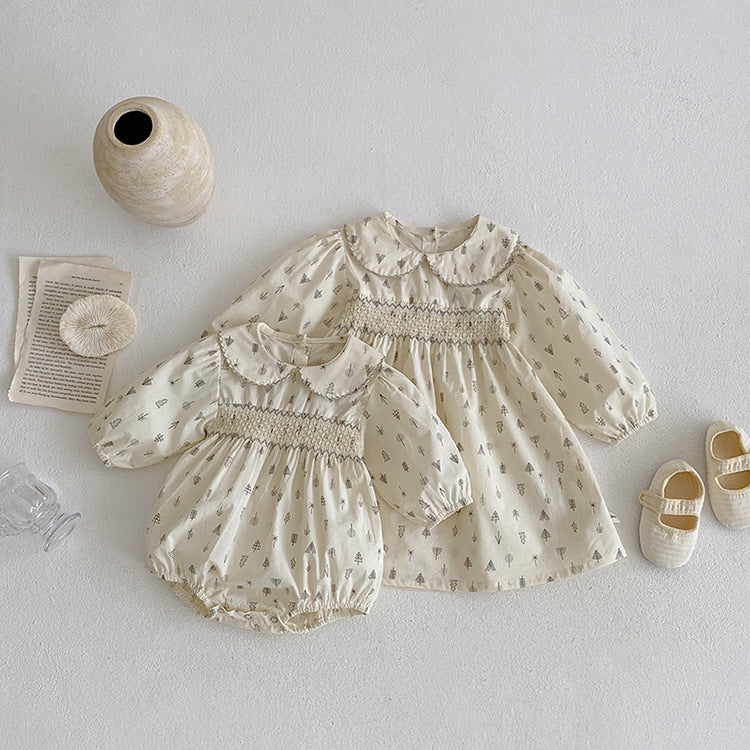 Baby Tree Print Romper Girl Doll Collar Dress Children Sisters Clothes