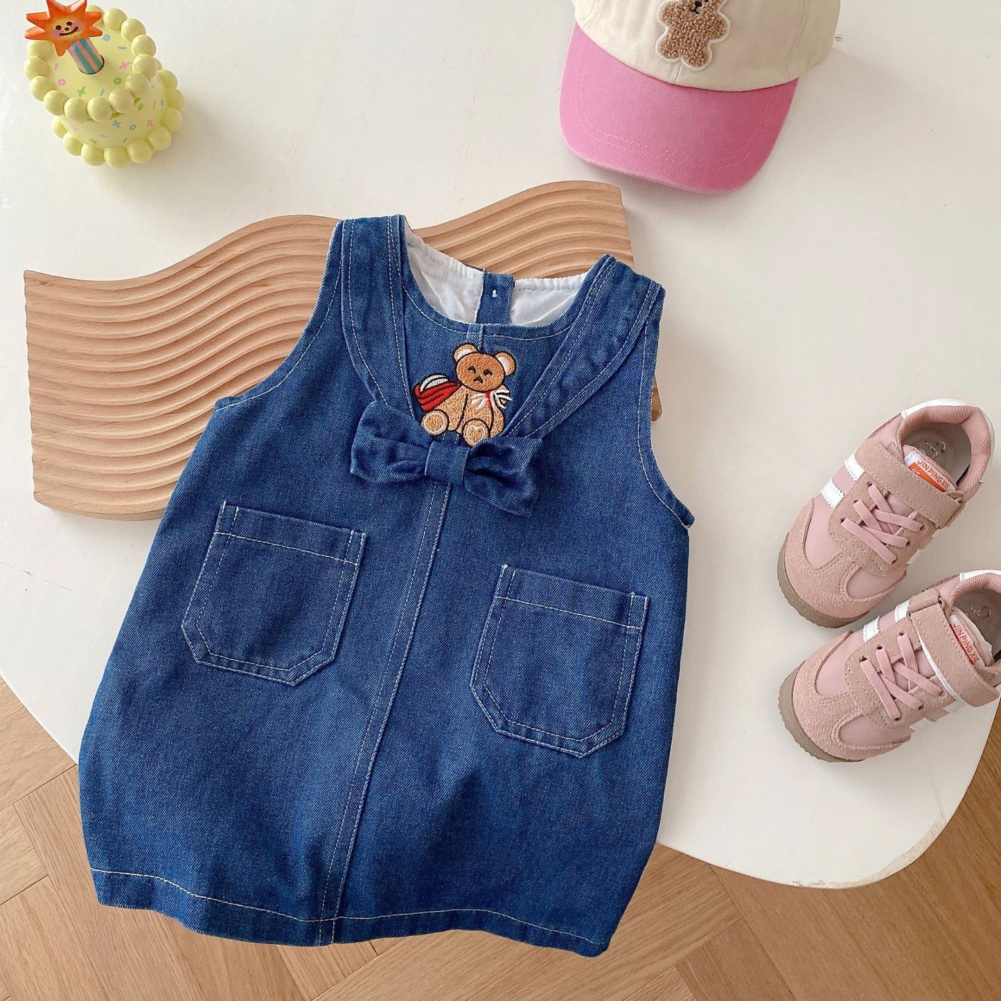 Girls Denim Sundress With 2 Pockets  Matching Embroidery Top