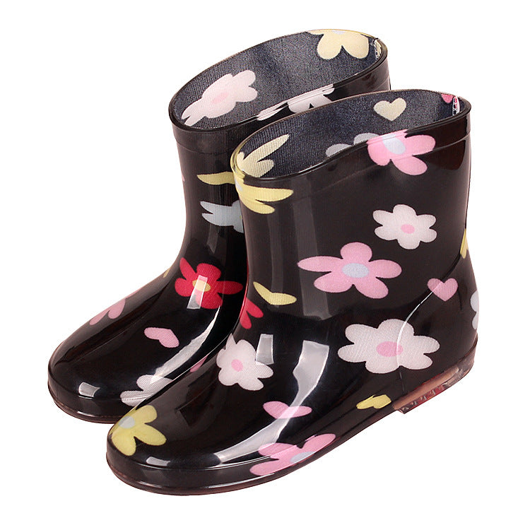 Premium Natural Rubber Black Flower Rain Boots for Toddlers and Kids Shoes