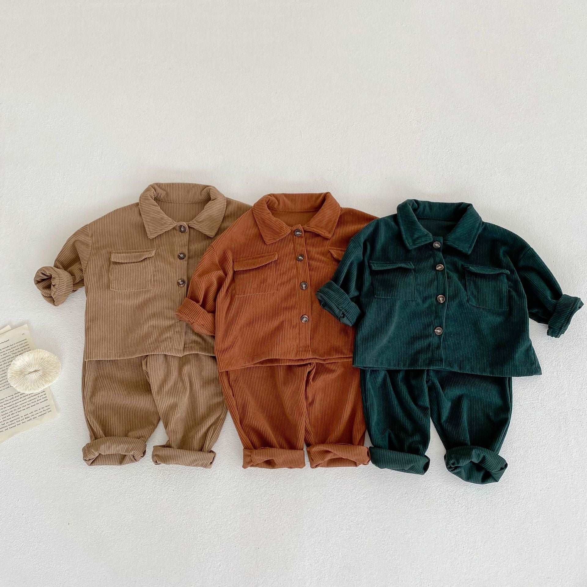 Baby Boys and Girls Lapel Cardigan Jacket + Corduroy Pants 2 Piece Sets