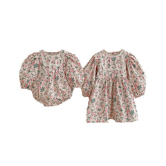 Sister Clothing Lnfant Floral Puff Sleeve Romper Girls Lace Collar Princess Dress