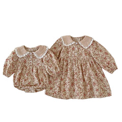 Vêtements assortis pour sœurs, barboteuse florale pour petites filles, robe de princesse à col de poupée