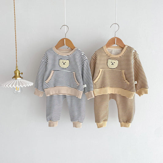 Полосатый пижамный комплект с медведем для мальчиков и девочек, полосатая пижама из 2 предметов
