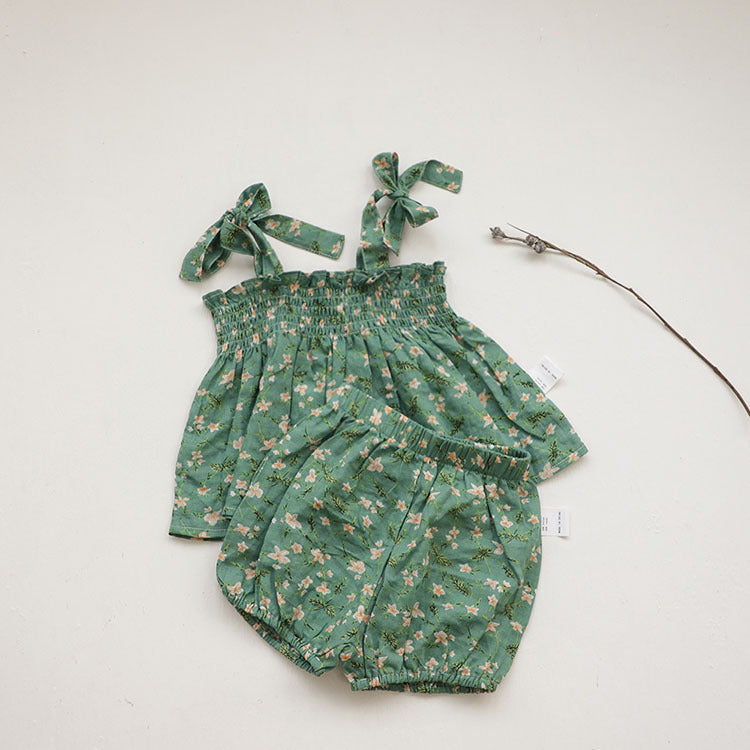 Summer Little Girl Suspender Floral Suit