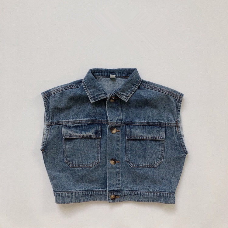 Boys Girls Western Denim Vest Retro Fashion Pocket Vest