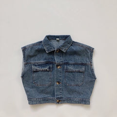 Boys Girls Western Denim Vest Retro Fashion Pocket Vest