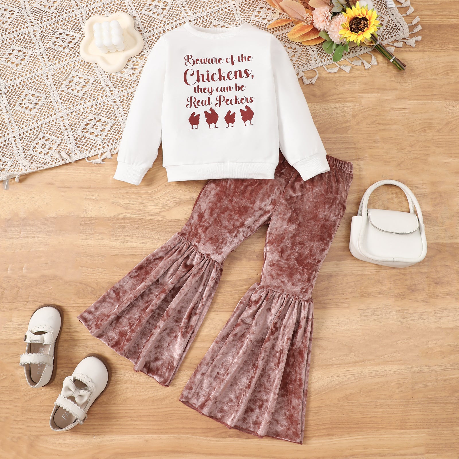 Thanksgiving Letter Printed Sweatshirt Fleece Bell Bottom Pants