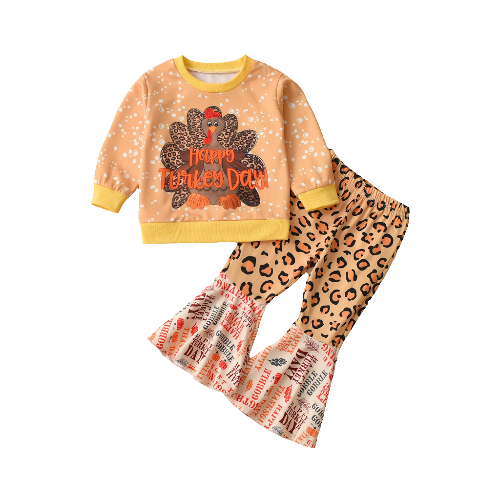 Thanksgiving Girls Turkey Sweatshirt Flared Pants Set