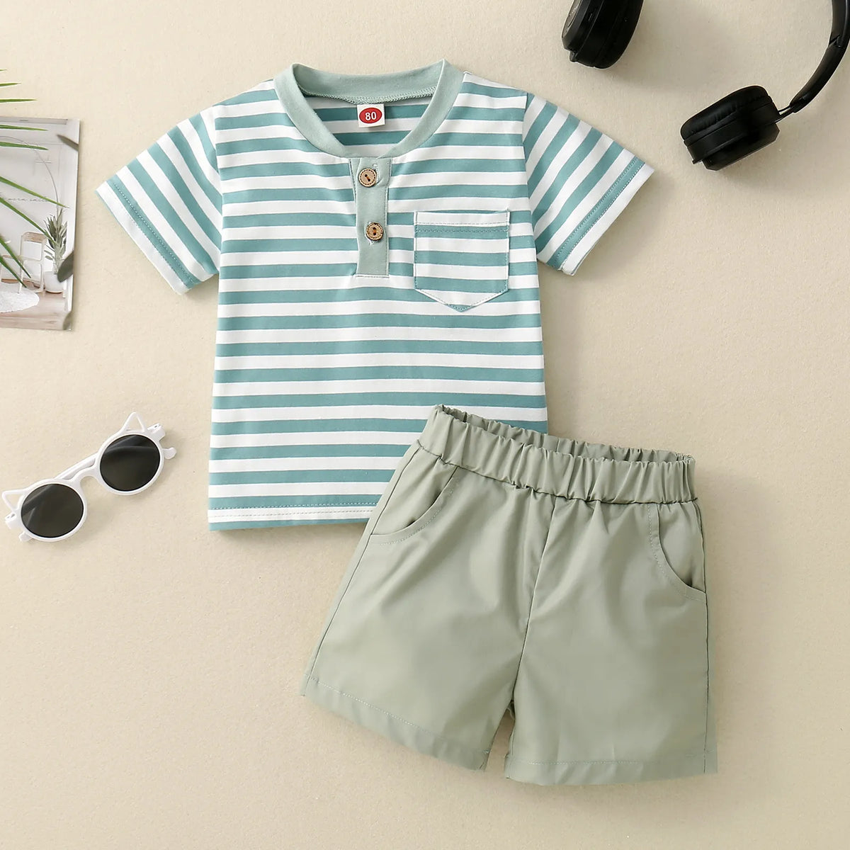 Toddler Boy Striped Pocket Top Solid Shorts 2 PC Set