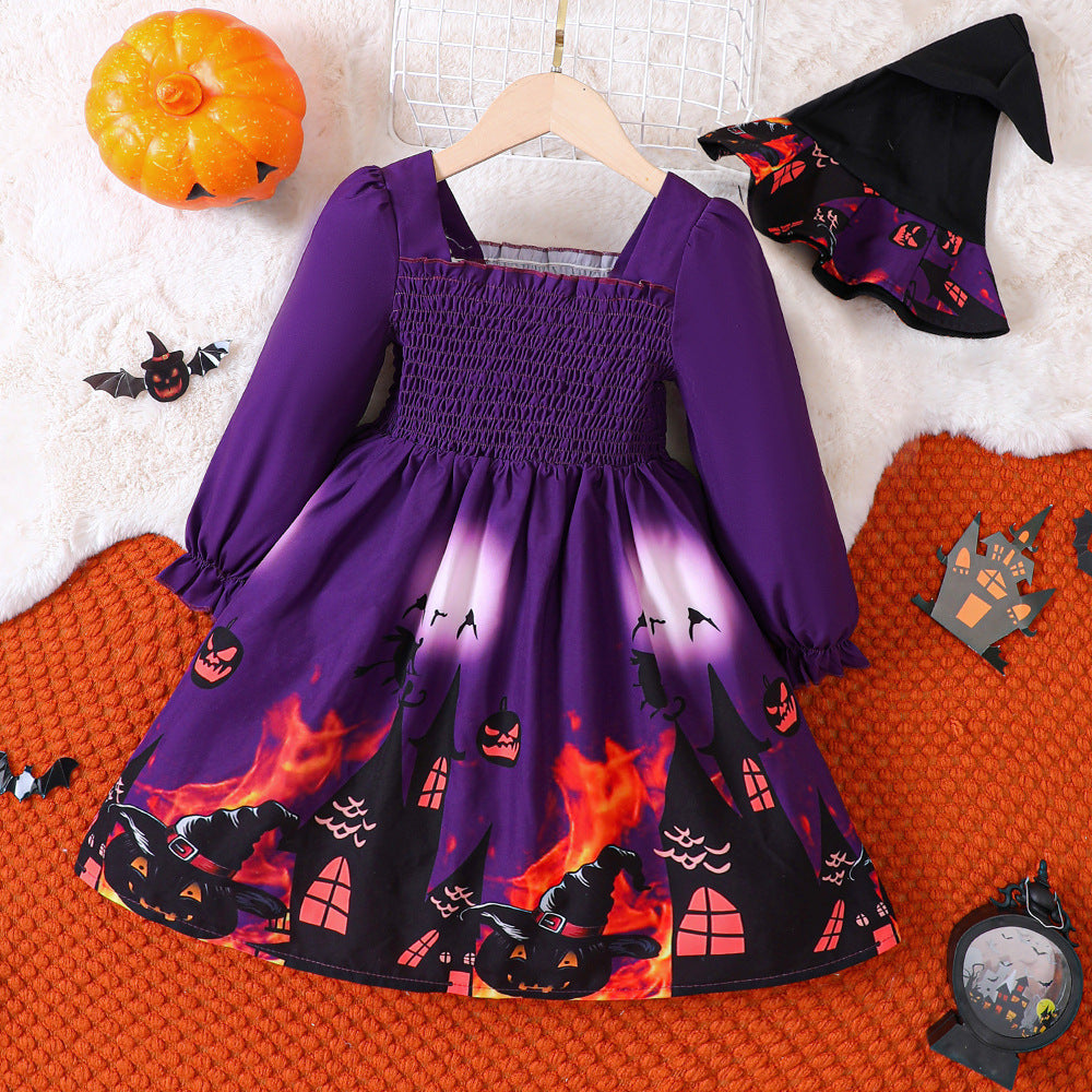 Toddler Girl Halloween Ghost Purple Print Long-Sleeve Dress Fall Outfits