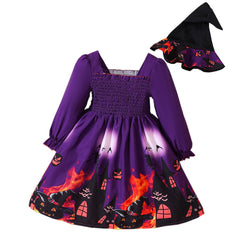 Toddler Girl Halloween Ghost Purple Print Long-Sleeve Dress