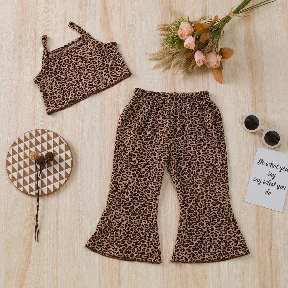 Toddler Girl Leopard Suspenders Crop Top Trousers Suit