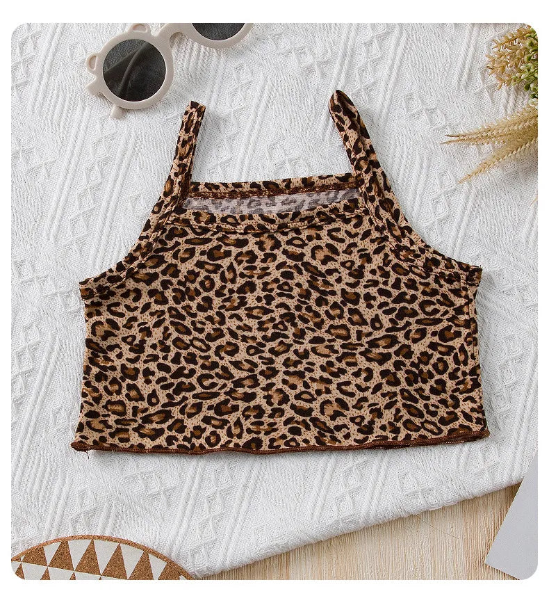 Toddler Girl Leopard Suspenders Crop Top Trousers Suit