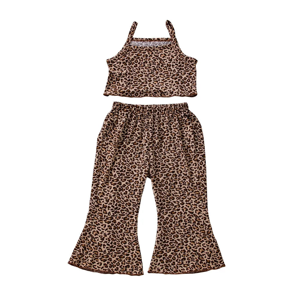 Toddler Girl Leopard Suspenders Crop Top Trousers Suit