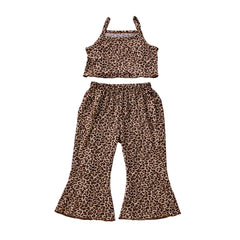 Toddler Girl Leopard Suspenders Crop Top Trousers Suit