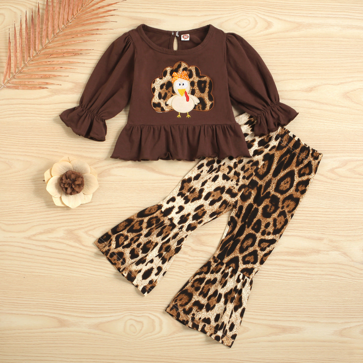 Toddler Girls Bell Bottoms Thanksgiving Outfit With Leopard Turkey Embroidery