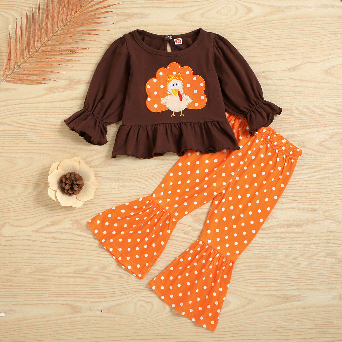 Toddler Girls Bell Bottoms Thanksgiving Outfit With Leopard Turkey Embroidery