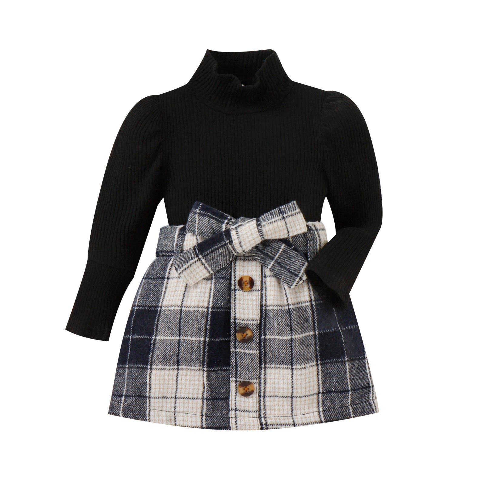 Toddler Baby Girl Fall Winter Black Top Black Plaid Skirts Dress 2Pcs Outfits