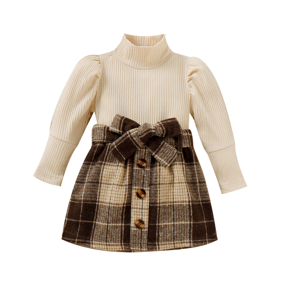 Toddler Baby Girl Fall Winter White Top Brown Plaid Skirts Dress 2Pcs Outfits