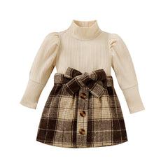 Toddler Baby Girl Fall Winter White Top Brown Plaid Skirts Dress 2Pcs Outfits
