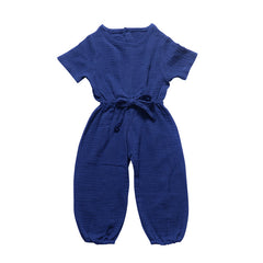 Toddler Baby Girl Summer Fall Basic Plain Short Sleeve Cotton Linen Drawstring Blue Romper Jumpsuit