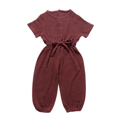 Toddler Baby Girl Summer Fall Basic Plain Short Sleeve Cotton Linen Drawstring Coffee Romper Jumpsuit