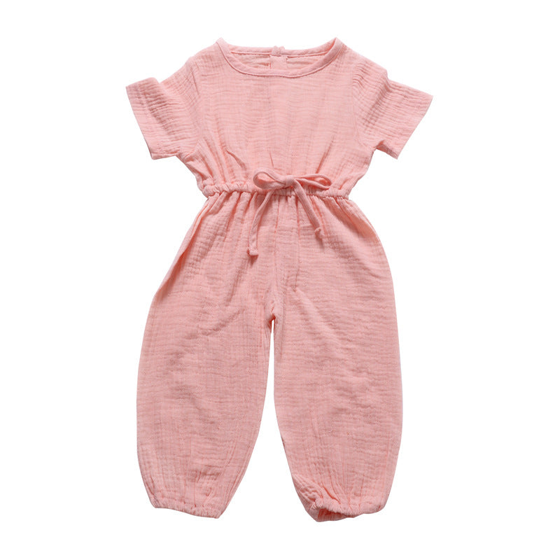 Toddler Baby Girl Summer Fall Basic Plain Short Sleeve Cotton Linen Drawstring Pink Romper Jumpsuit
