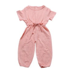 Toddler Baby Girl Summer Fall Basic Plain Short Sleeve Cotton Linen Drawstring Pink Romper Jumpsuit
