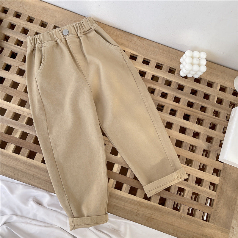 Toddler Boy Cotton Linen Pant Basic Solid Color Long Pants With  Brown