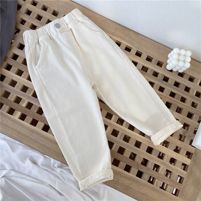 Toddler Boy Cotton Linen Pant Basic Solid Color Long Pants With  White