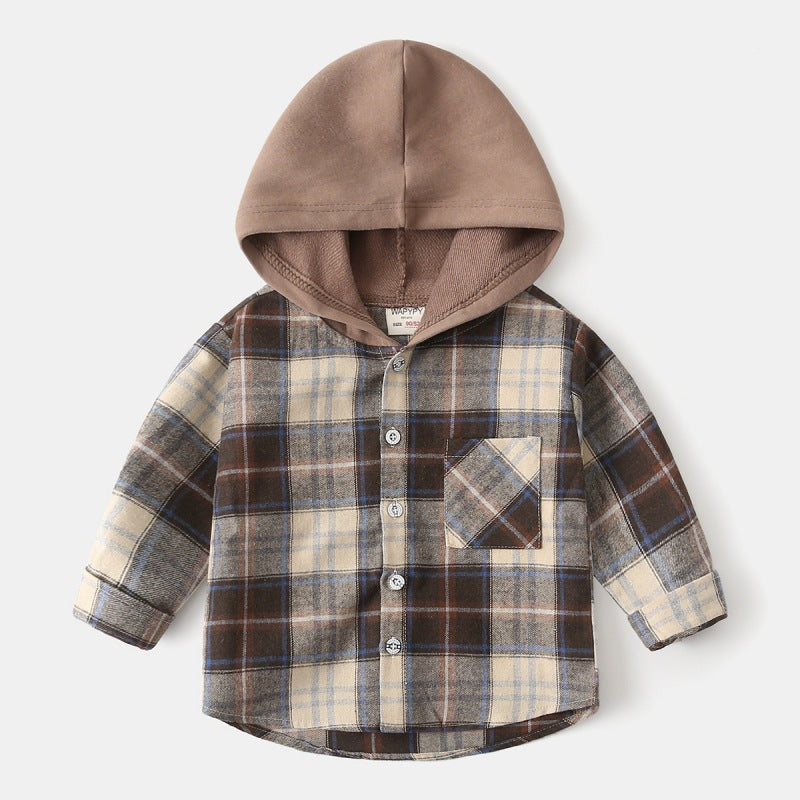 Toddler Boys Plaid Flannel Hoodie Brown Jacket Coats Tshirts