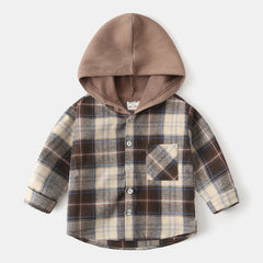 Toddler Boys Plaid Flannel Hoodie Brown Jacket Coats Tshirts