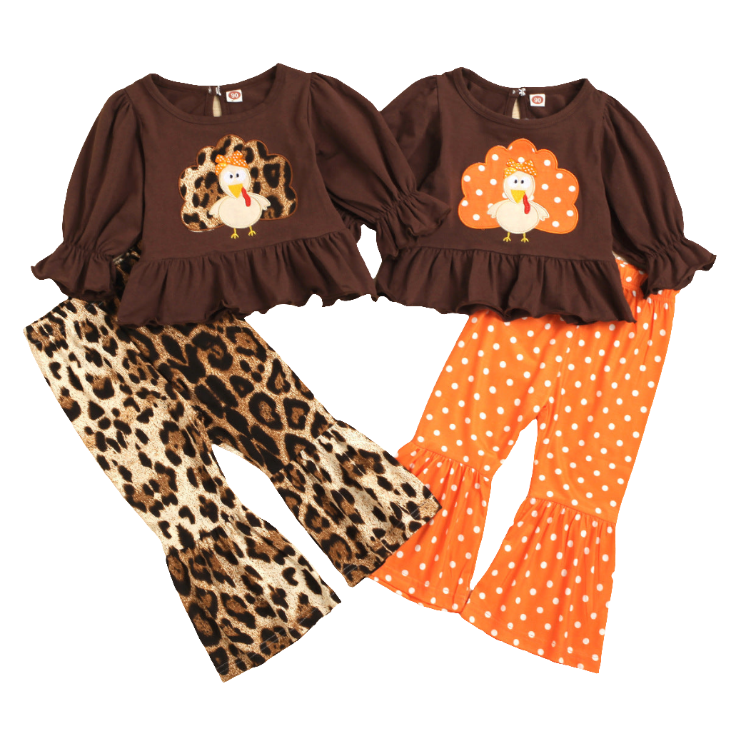 Toddler Girls Bell Bottoms Thanksgiving Outfit With Leopard Turkey Embroidery