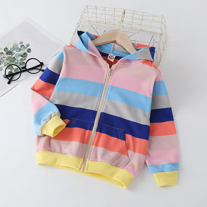 Toddler Hoodie Sweatshirt Light Winter Coat Fall Outwear 2t-8t Rainbow Blue With Navy Pink Color