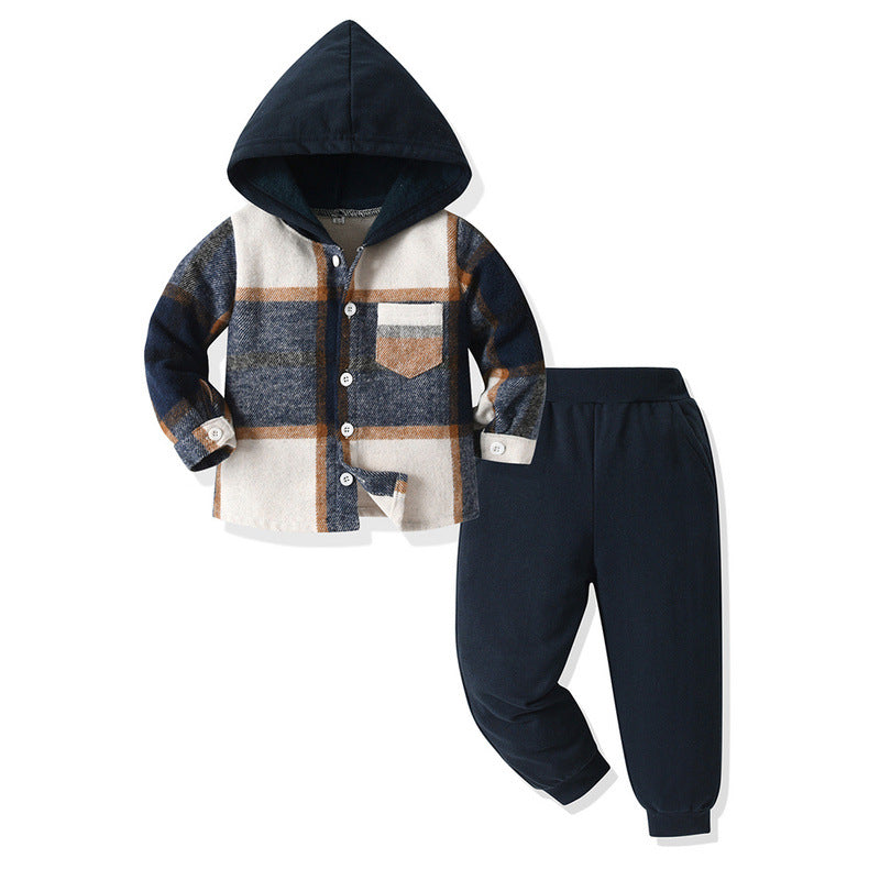 Toddler Unisex Baby Clothes Boys Girls Navy Flannel Shirt Tops Plaid Hoodie Sweatshirt